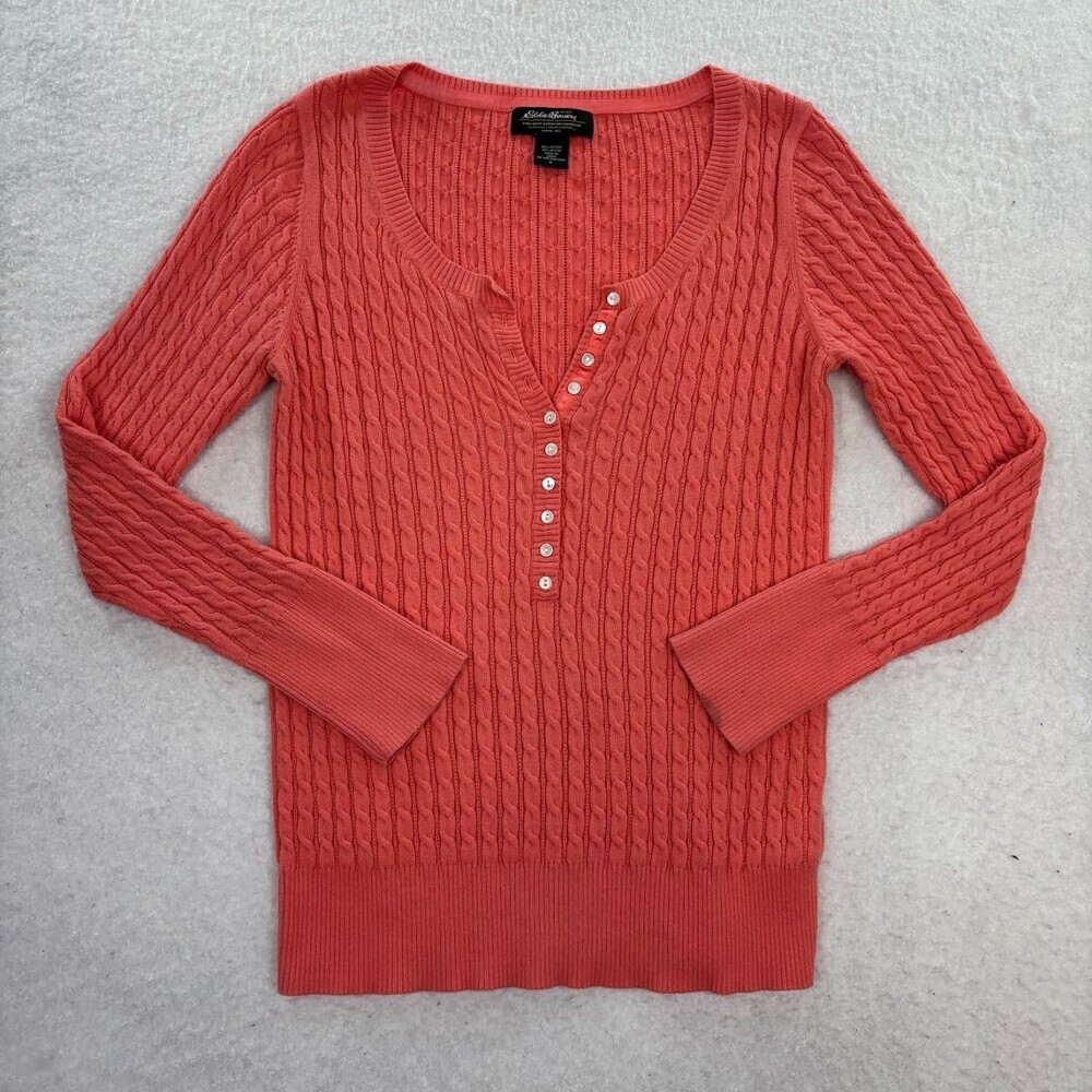 Eddie Bauer Coral Cotton Blend Preppy Soft Girl Cable-Knit Henley Sweater Size L